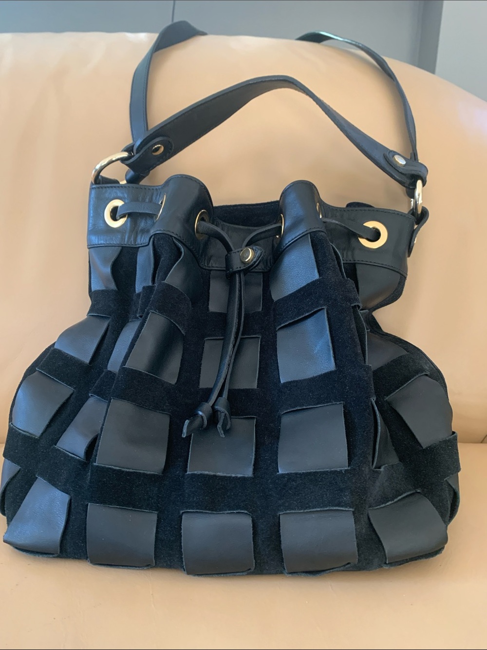 Black Woven Suede & Leather Drawstring Shoulder Bag